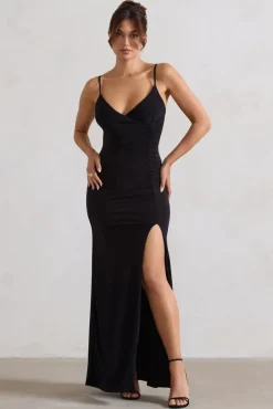 Jeanne | Black Plunge Ruched Cami Maxi Dress With Split