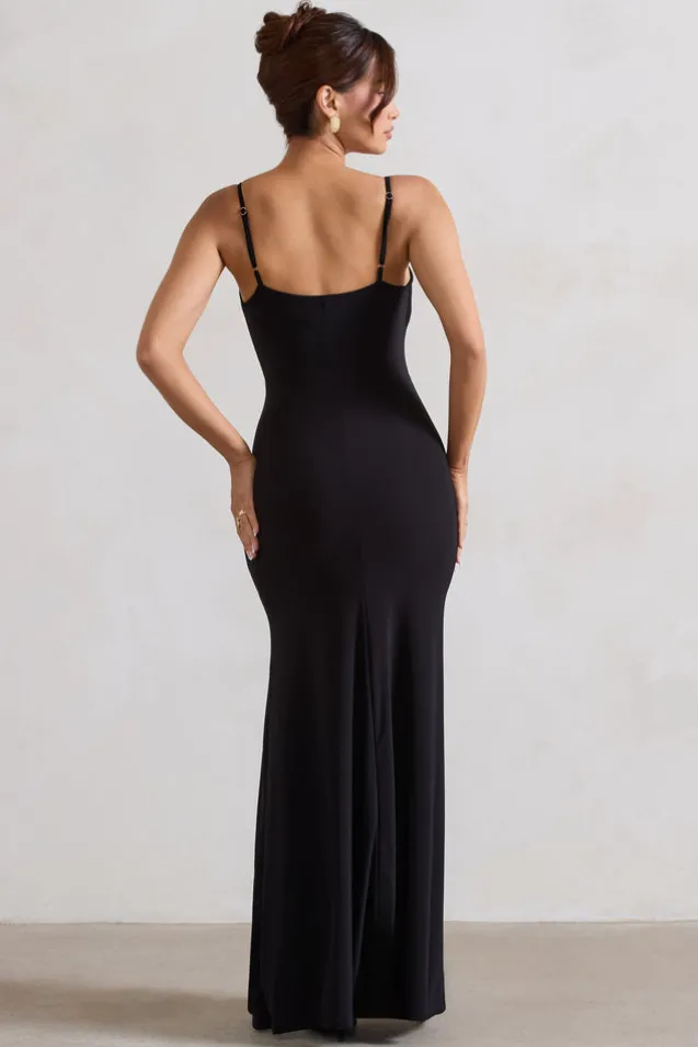 Jeanne | Black Plunge Ruched Cami Maxi Dress With Split