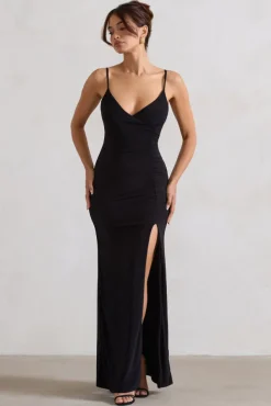 Jeanne | Black Plunge Ruched Cami Maxi Dress With Split
