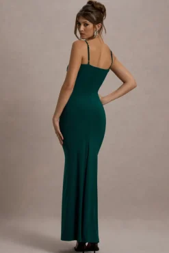 Jeanne | Bottle Green Plunge Ruched Cami Maxi Dress With Split