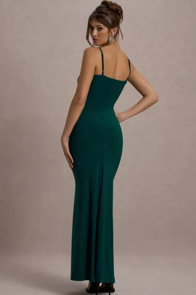 Jeanne | Bottle Green Plunge Ruched Cami Maxi Dress With Split