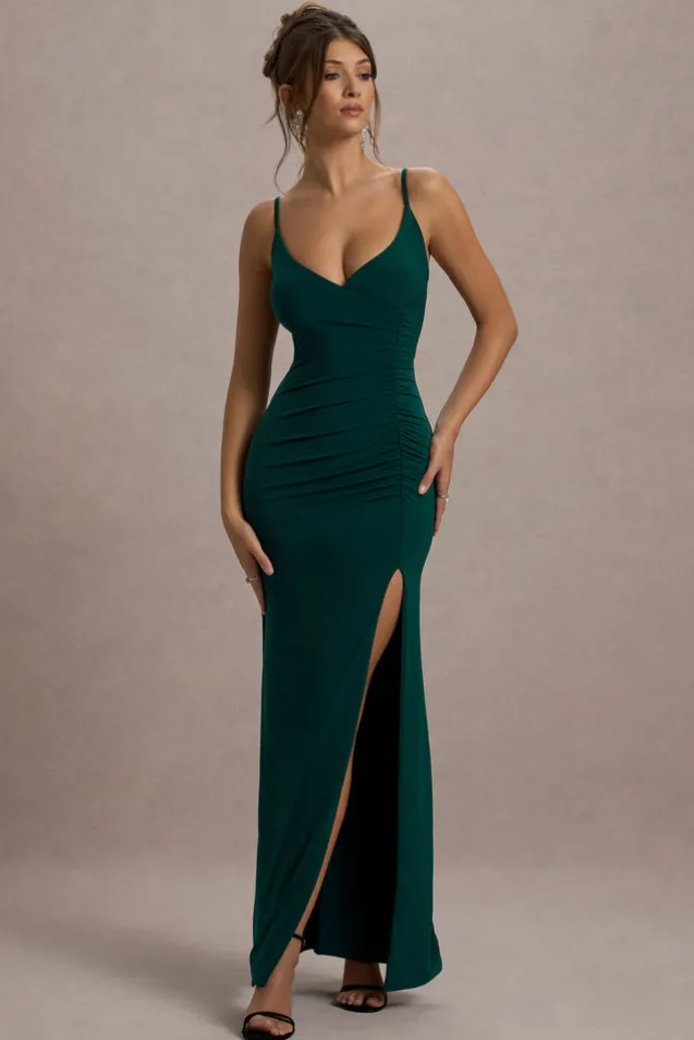 Jeanne | Bottle Green Plunge Ruched Cami Maxi Dress With Split