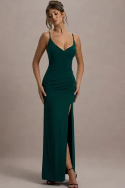 Jeanne | Bottle Green Plunge Ruched Cami Maxi Dress With Split