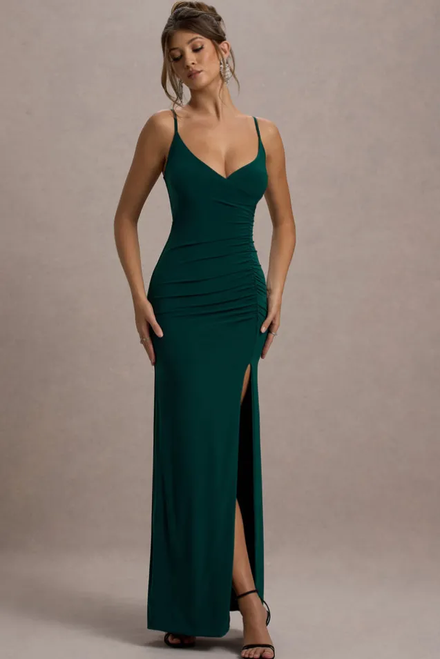 Jeanne | Bottle Green Plunge Ruched Cami Maxi Dress With Split