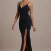 Jeanne | Navy Plunge Ruched Cami Maxi Dress With Split