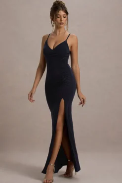 Jeanne | Navy Plunge Ruched Cami Maxi Dress With Split