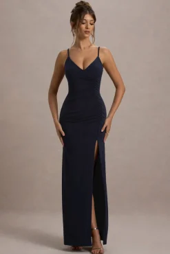 Jeanne | Navy Plunge Ruched Cami Maxi Dress With Split