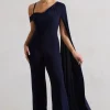 Jelena | Navy Asymmetric Draped Straight-Leg Jumpsuit With Cape Sleeve