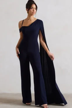Jelena | Navy Asymmetric Draped Straight-Leg Jumpsuit With Cape Sleeve