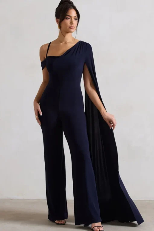 Jelena | Navy Asymmetric Draped Straight-Leg Jumpsuit With Cape Sleeve