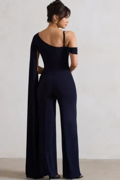 Jelena | Navy Asymmetric Draped Straight-Leg Jumpsuit With Cape Sleeve