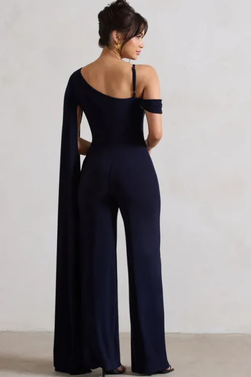 Jelena | Navy Asymmetric Draped Straight-Leg Jumpsuit With Cape Sleeve