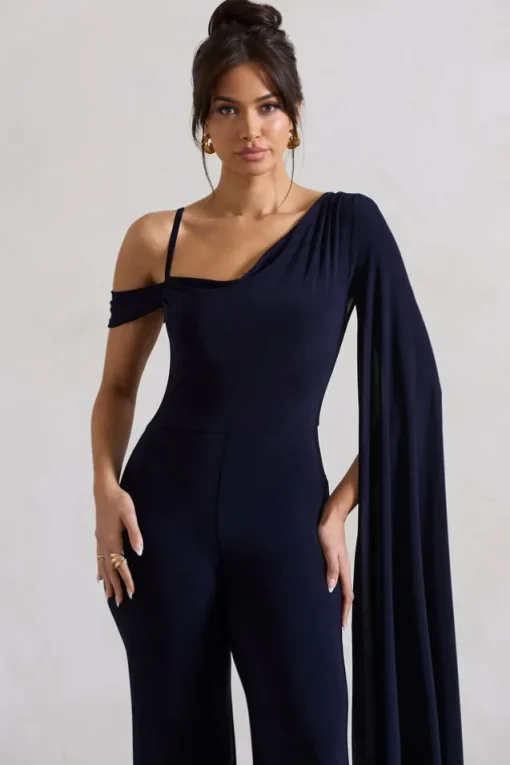 Jelena | Navy Asymmetric Draped Straight-Leg Jumpsuit With Cape Sleeve