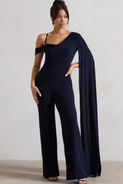 Jelena | Navy Asymmetric Draped Straight-Leg Jumpsuit With Cape Sleeve