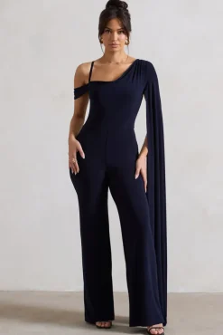 Jelena | Navy Asymmetric Draped Straight-Leg Jumpsuit With Cape Sleeve