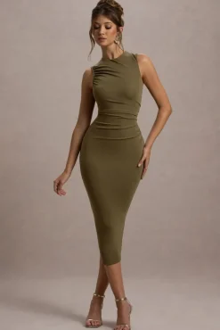 Jemma | Khaki Bodycon Ruched Midi Dress