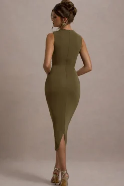 Jemma | Khaki Bodycon Ruched Midi Dress