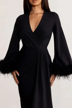 Jenna | Black Plunge Midi Dress with Feather Trim Wide Sleeves and Front Tie Drape