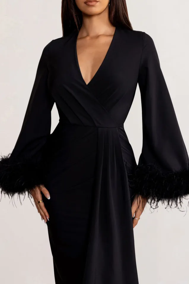Jenna | Black Plunge Midi Dress with Feather Trim Wide Sleeves and Front Tie Drape