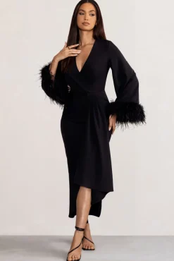 Jenna | Black Plunge Midi Dress with Feather Trim Wide Sleeves and Front Tie Drape