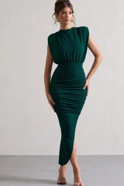 Jennifer | Bottle Green Sleeveless Maxi Dress With Asymmetric Hem