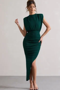 Jennifer | Bottle Green Sleeveless Maxi Dress With Asymmetric Hem