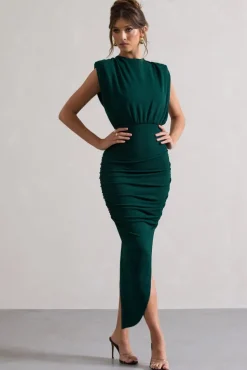 Jennifer | Bottle Green Sleeveless Maxi Dress With Asymmetric Hem