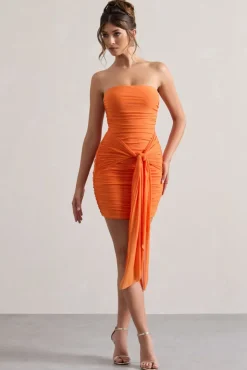 Jesse | Orange Ruched Mini Dress With Knot Detail