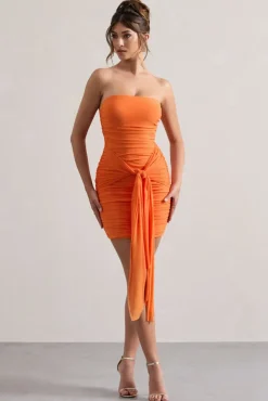 Jesse | Orange Ruched Mini Dress With Knot Detail
