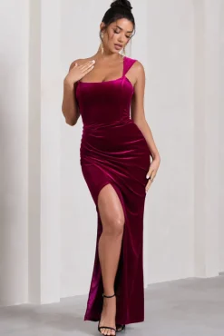 Jessica | Berry Velvet One Shoulder Corset Style Wrap Maxi Dress