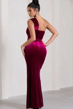 Jessica | Berry Velvet One Shoulder Corset Style Wrap Maxi Dress