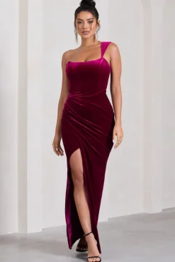 Jessica | Berry Velvet One Shoulder Corset Style Wrap Maxi Dress