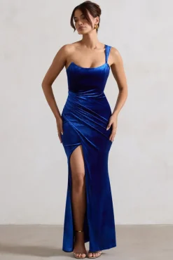 Jessica | Cobalt Velvet One Shoulder Corset Style Wrap Maxi Dress