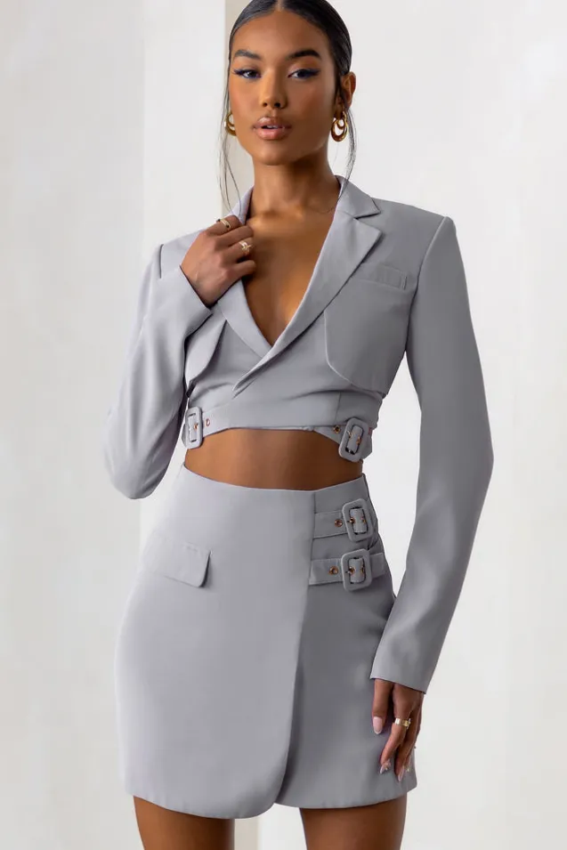 Jet Set | Dove Grey Belt Strap Pocket Detail Mini Skirt