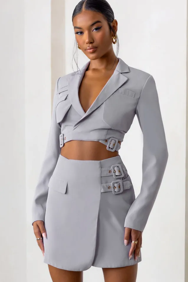 Jet Set | Dove Grey Belt Strap Pocket Detail Mini Skirt