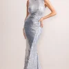 Jewel | Silver Sequin High Neck Maxi Dress With Open Back Detail