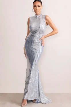 Jewel | Silver Sequin High Neck Maxi Dress With Open Back Detail