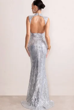 Jewel | Silver Sequin High Neck Maxi Dress With Open Back Detail