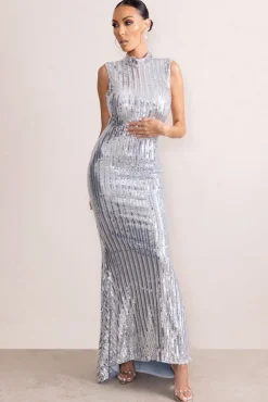 Jewel | Silver Sequin High Neck Maxi Dress With Open Back Detail