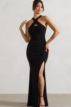 Jianna | Black Cross Over Halter-Neck Split Maxi Dress
