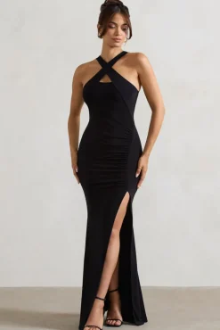 Jianna | Black Cross Over Halter-Neck Split Maxi Dress