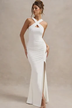 Jianna | White Cross Over Halter-Neck Split Maxi Dress