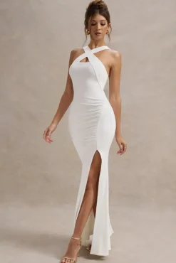 Jianna | White Cross Over Halter-Neck Split Maxi Dress
