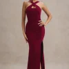 Jianna | Wine Cross Over Halter-Neck Split Maxi Dress