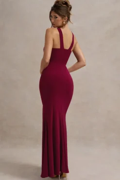 Jianna | Wine Cross Over Halter-Neck Split Maxi Dress