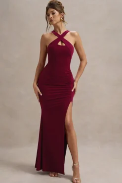 Jianna | Wine Cross Over Halter-Neck Split Maxi Dress