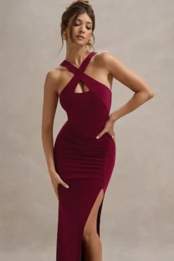 Jianna | Wine Cross Over Halter-Neck Split Maxi Dress