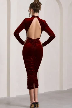 Joanna | Berry Velvet High-Neck Backless Midi Dress