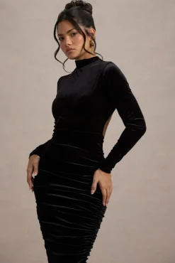 Joanna | Black Velvet High-Neck Backless Midi Dress