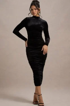 Joanna | Black Velvet High-Neck Backless Midi Dress